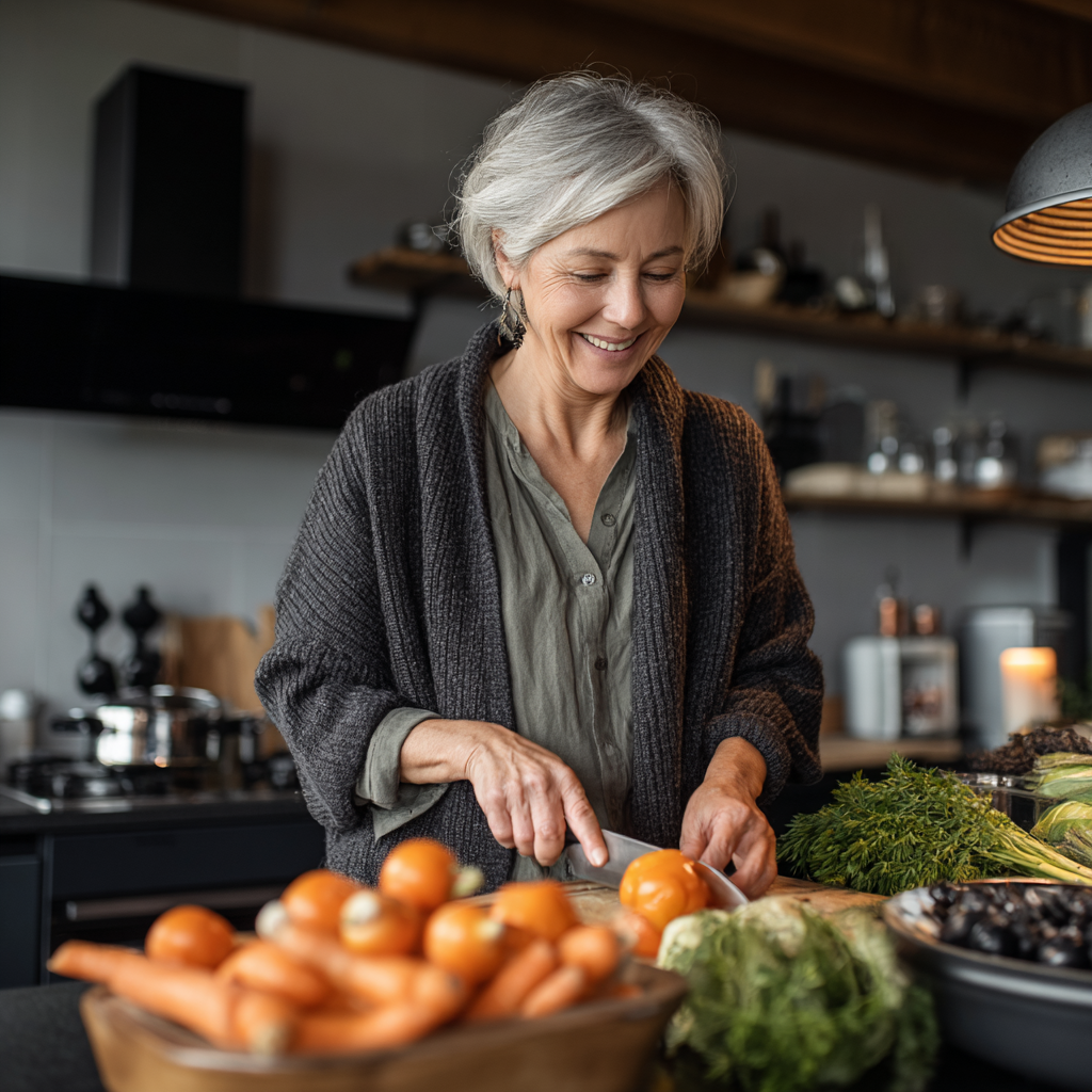 50 years old woman preparing healthy vegetables in modern kitchen
