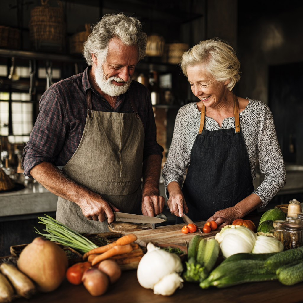 51 years old couple cooking together with fresh ingredients