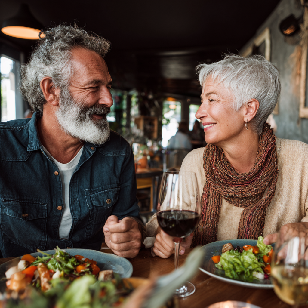 52 years old man and woman enjoying healthy meal together